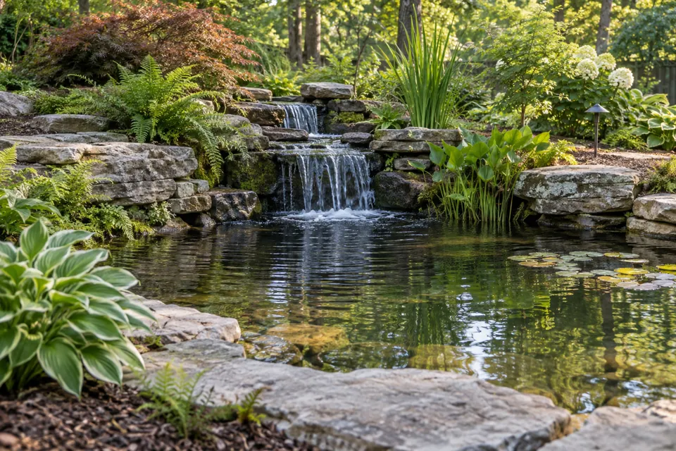 Stone-edged garden pond with a small waterfall and surrounding plants